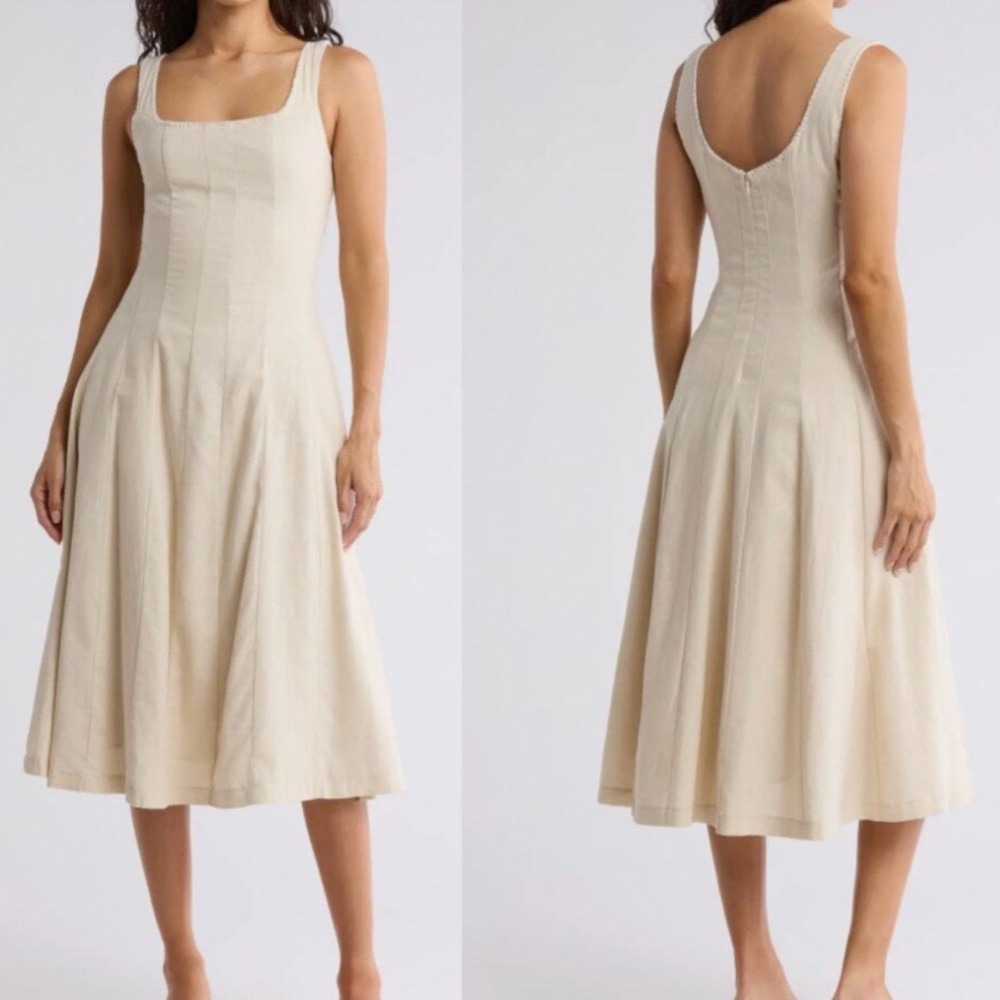Caroline Constas Cream Linen Blend Blanket Stitch Midi Dress Square Neck US 8 6